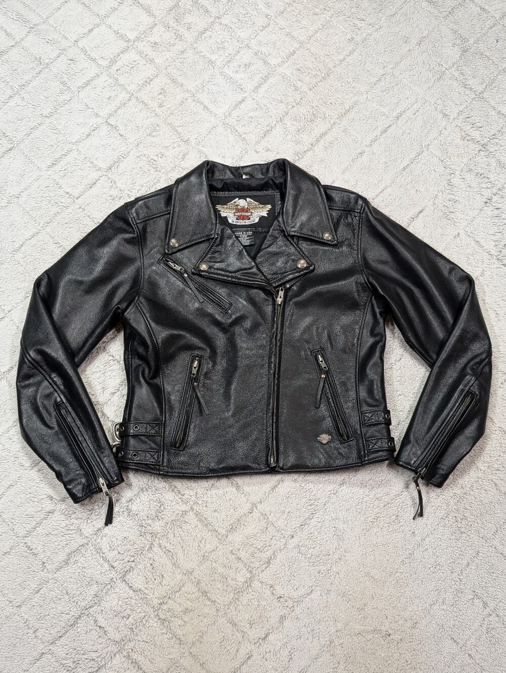 Vtg Harley Davidson Jacket Womens M Black Leather Moto Biker Patch USA Made
